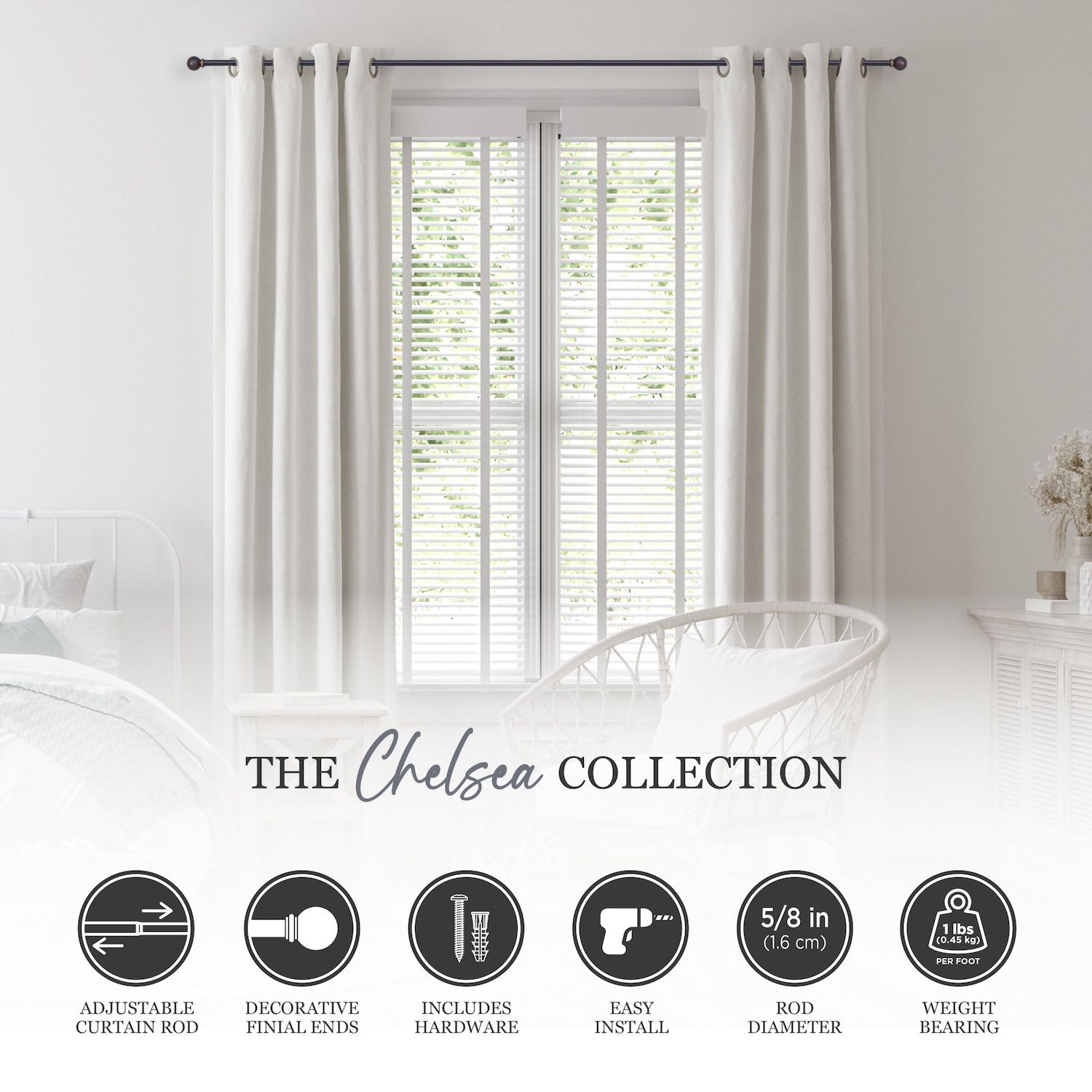 Kenney 5/8” Diameter Chelsea Standard Decorative Adjustable Curtain Rod Set of 2