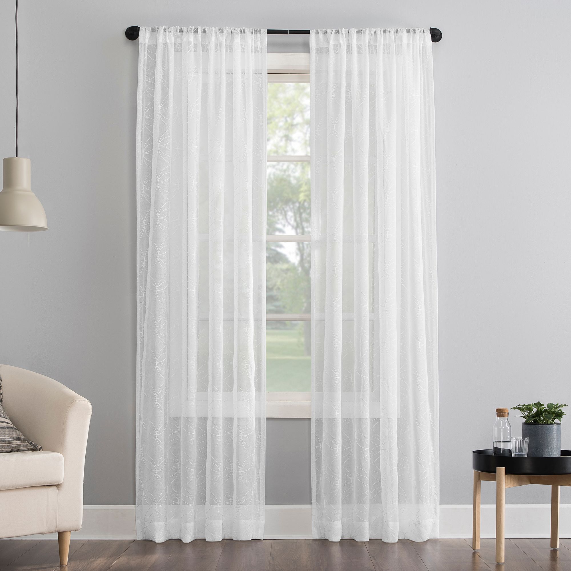 No. 918 Tamaryn Embroidered Trellis Sheer Rod Pocket Window Curtain, White