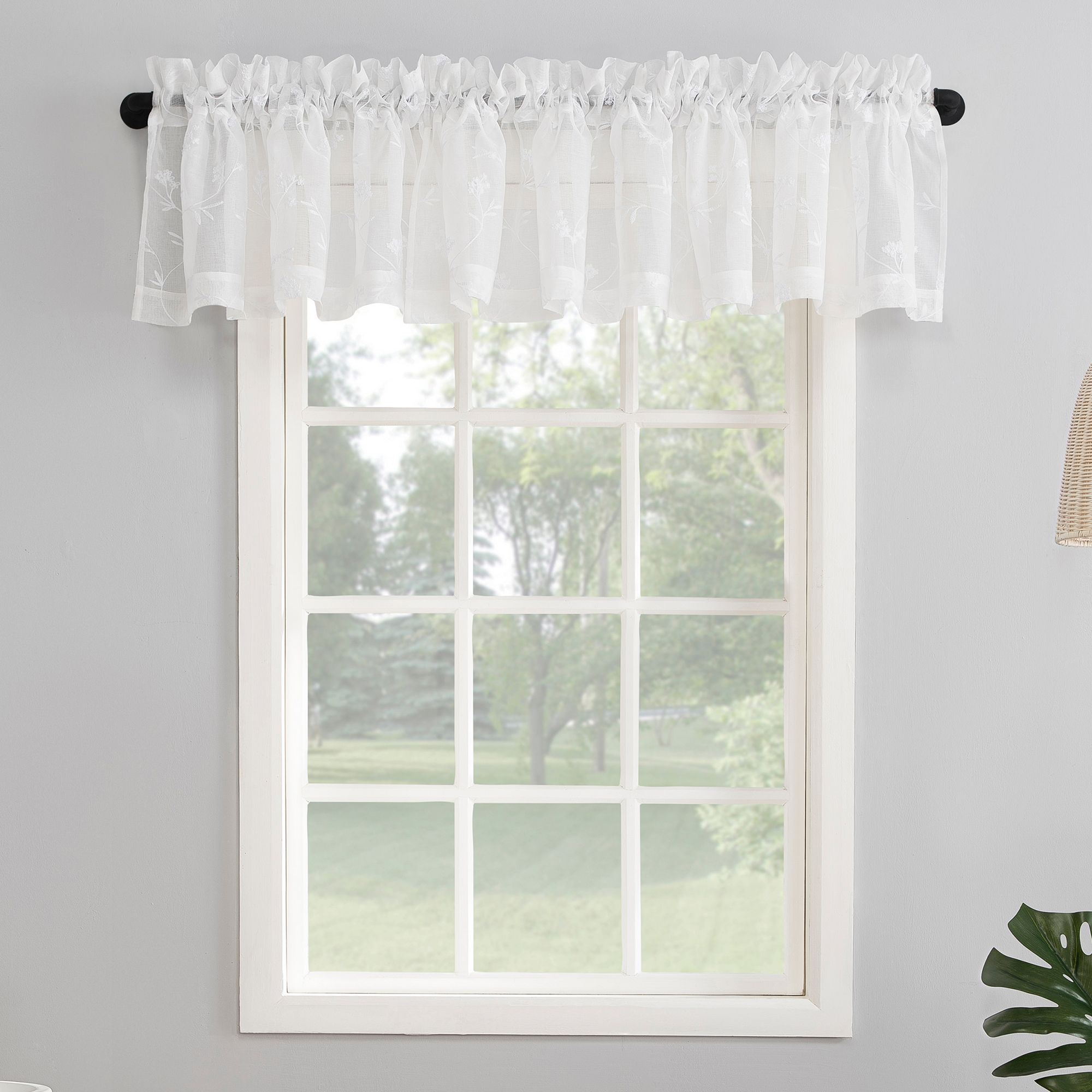 No. 918 Delia Embroidered Floral Sheer Rod Pocket Curtain Valance, Ivory
