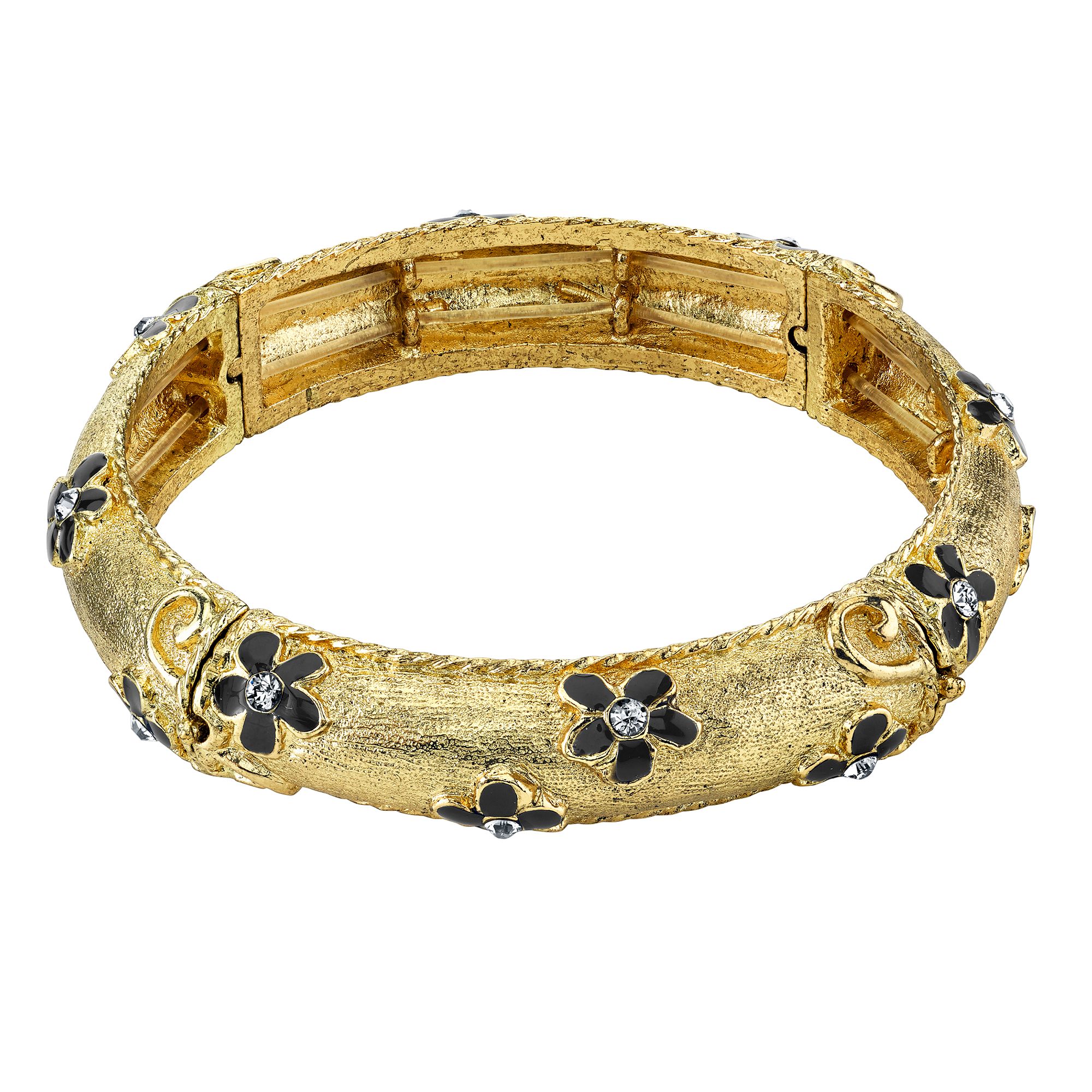 1928 Gold Tone Flower & Crystal Accent Stretch Bracelet, Womens, Black