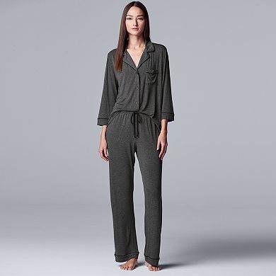 Women's Simply Vera Vera Wang Basic Luxury ¾ Sleeve Pajama Shirt & Pants Sleep Set