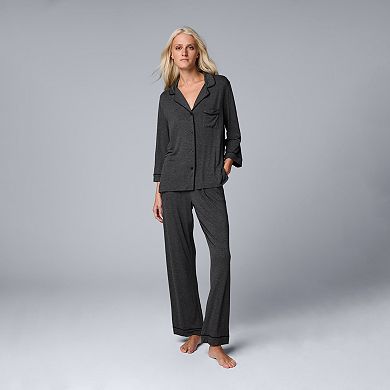 Women's Simply Vera Vera Wang Basic Luxury ¾ Sleeve Pajama Shirt & Pants Sleep Set