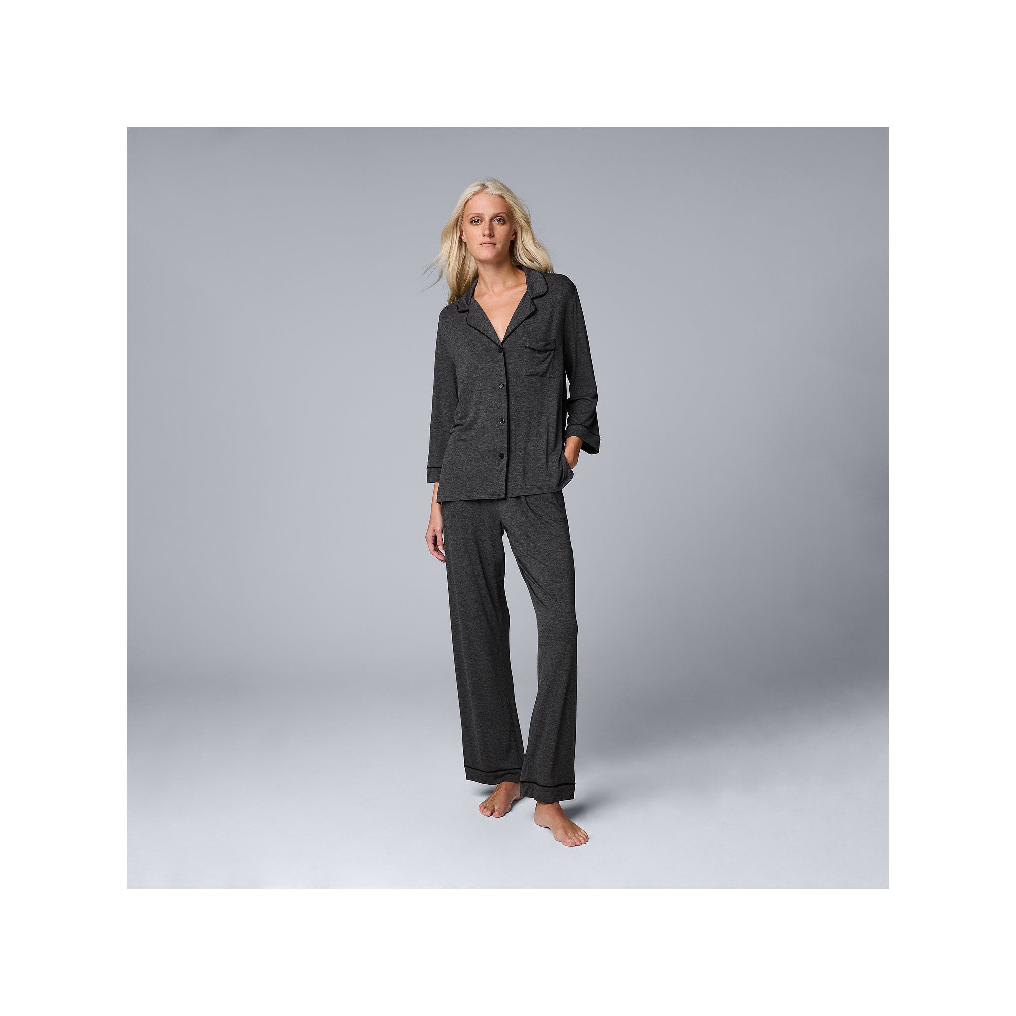 Womens Simply Vera Vera Wang Basic Luxury ¾ Sleeve Pajama Shirt & Pants S