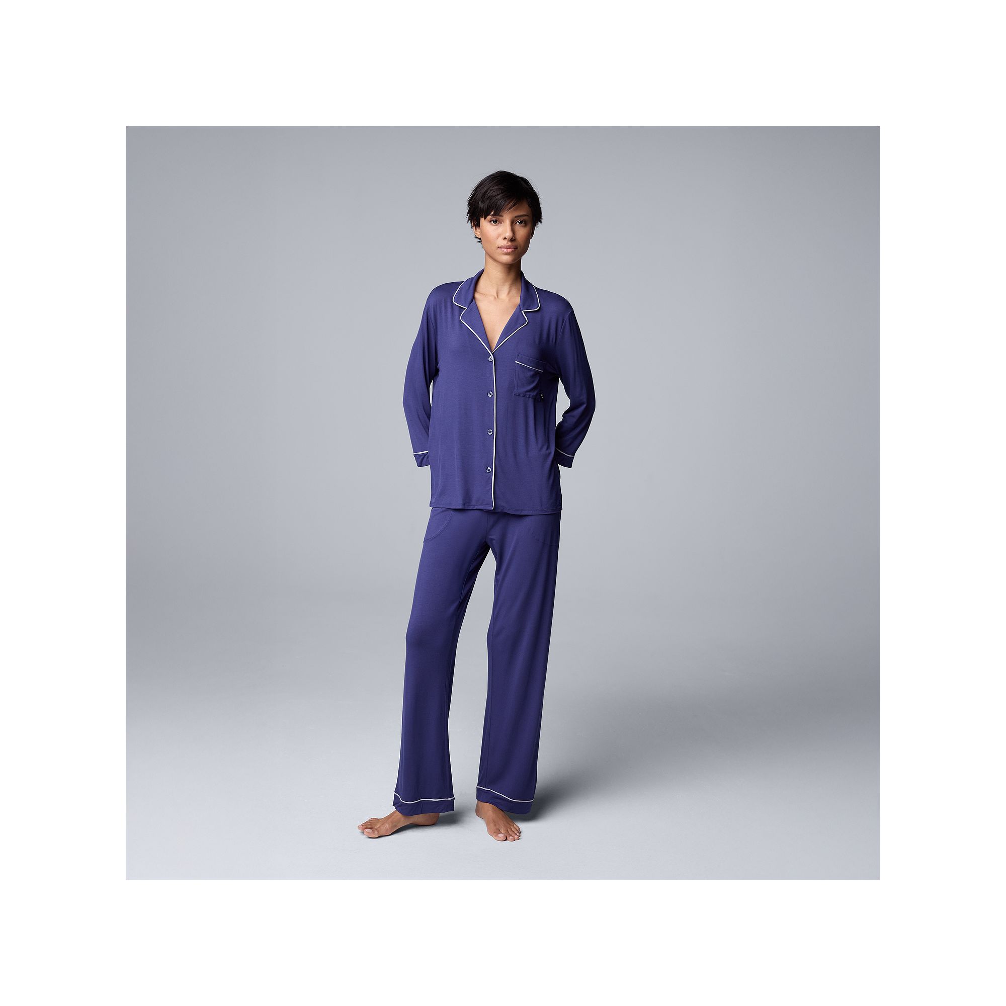 Womens Simply Vera Vera Wang Basic Luxury ¾ Sleeve Pajama Shirt & Pants S