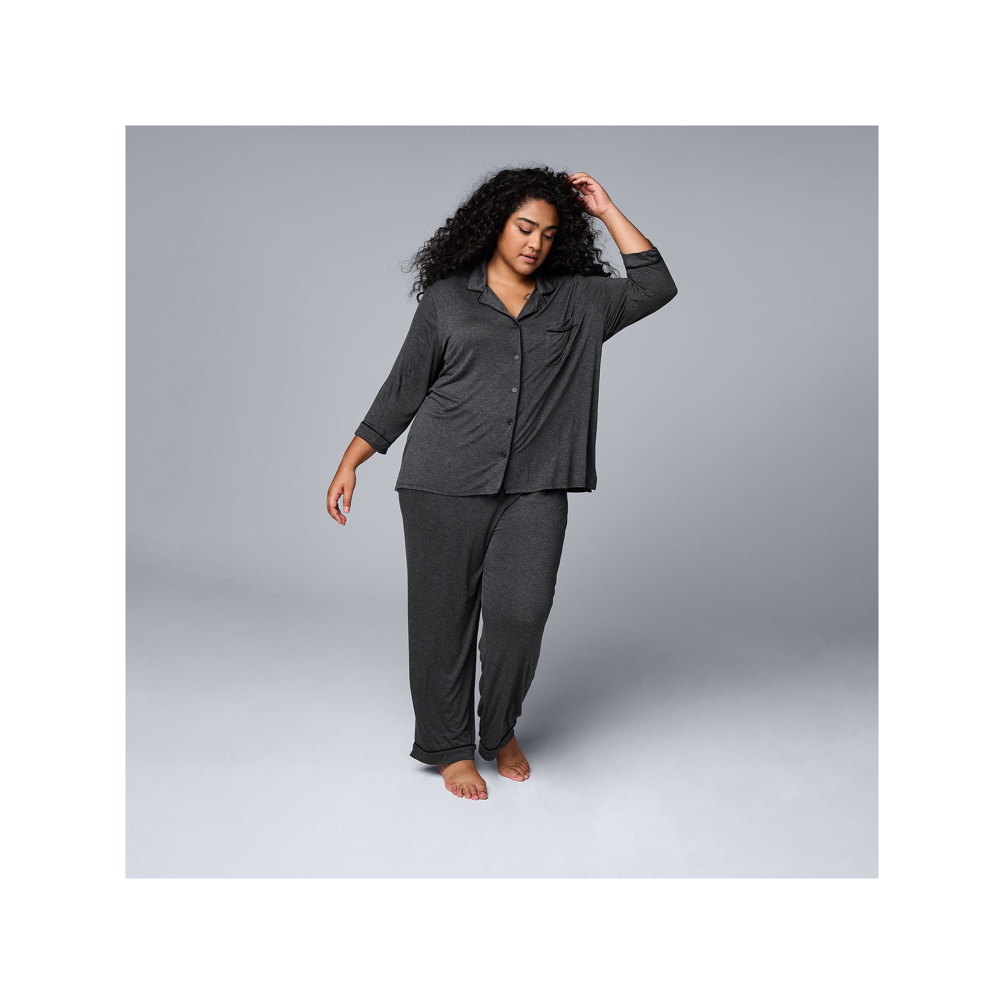 Plus Size Womens Simply Vera Vera Wang Basic Luxury Notch Pajama Set, Size