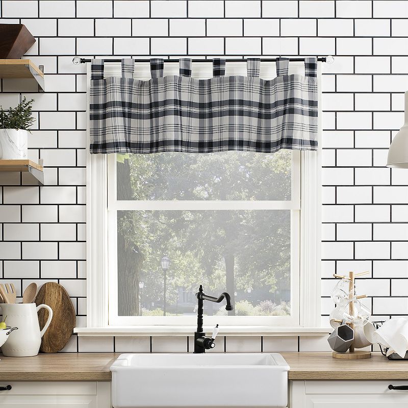 Kate Aurora Complete 3 Piece Country Farmhouse Plaid Gingham Black & White  Buffalo Check Kitchen Curtain Tier & Valance Set - 36 in. Long