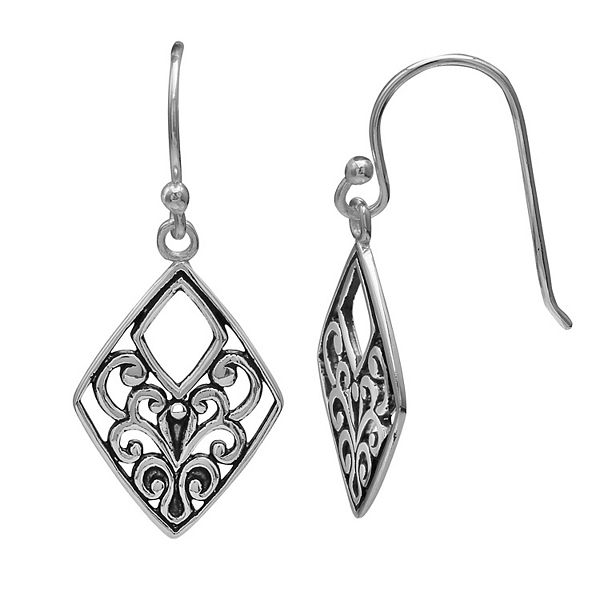 PRIMROSE Sterling Silver Diamond Shape Filigree Drop Earrings