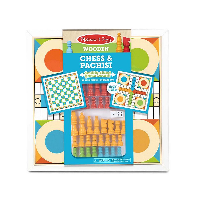 Melissa & Doug Double-Sided Wooden Chess & Pachisi Board Game, Multicolor