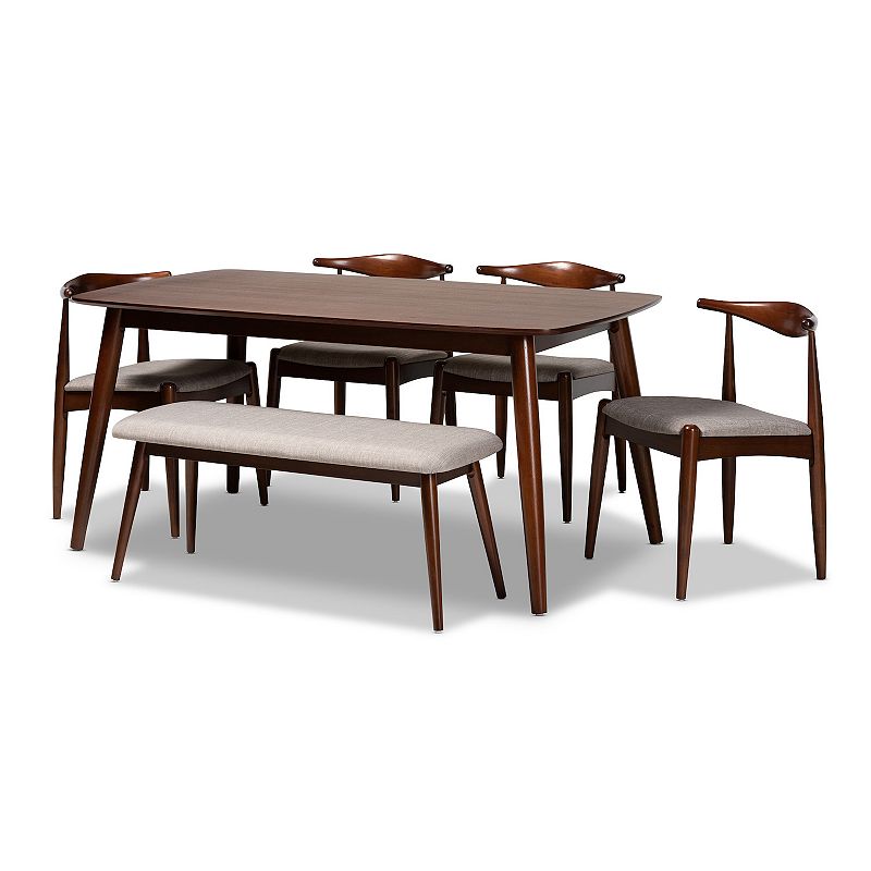 Baxton Studio Amato Dining Table, Bench & Chair 6-piece Set, Brown