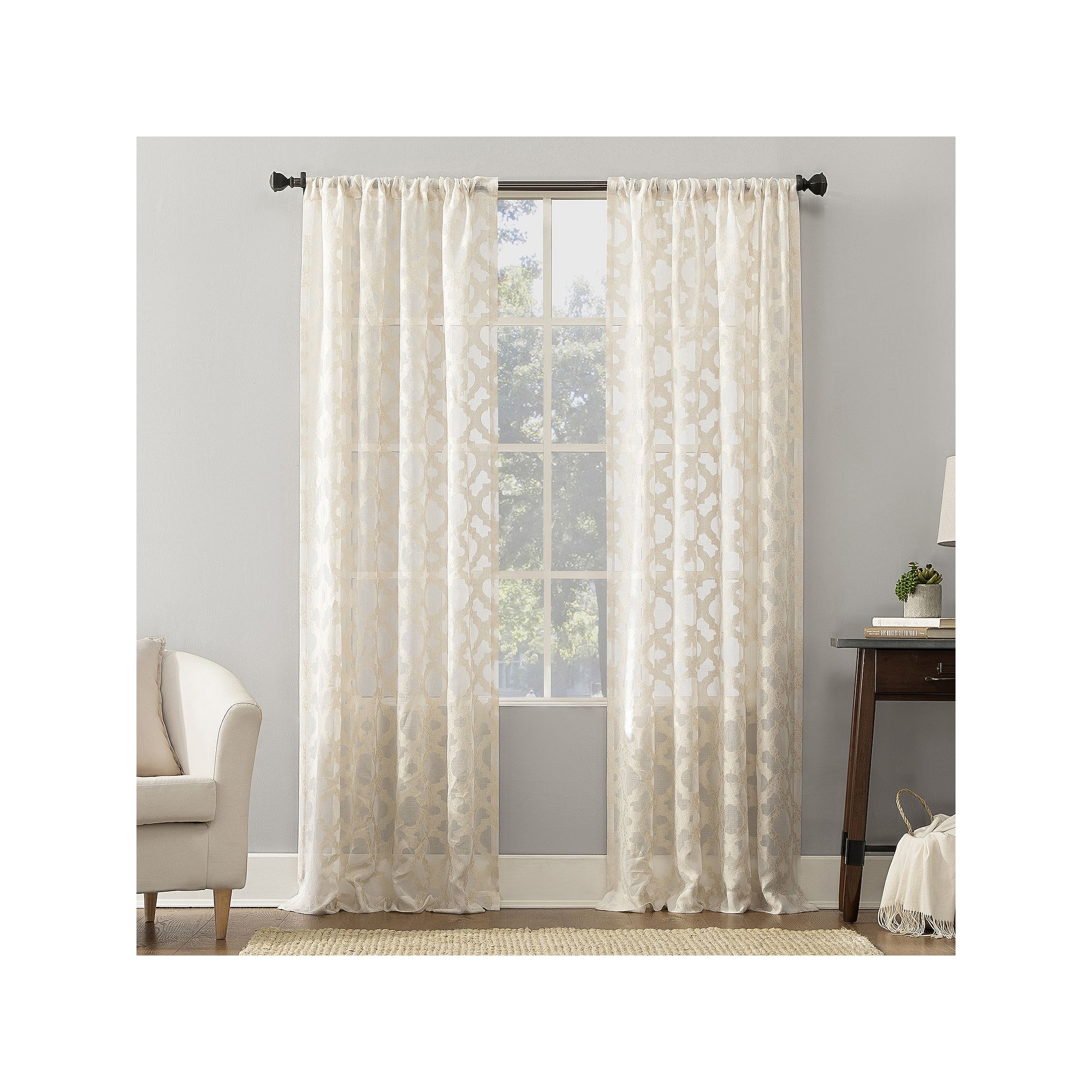 No. 918 Yvette Trellis Jacquard Sheer Rod Pocket Window Curtain, Ivory