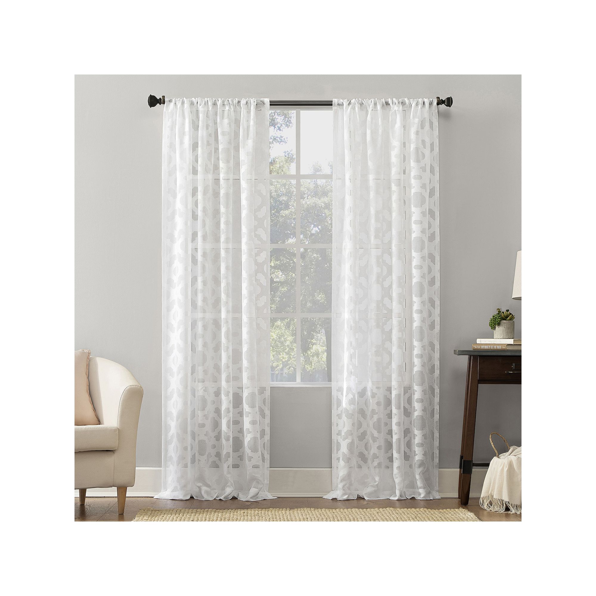 No. 918 Yvette Trellis Jacquard Sheer Rod Pocket Window Curtain, White