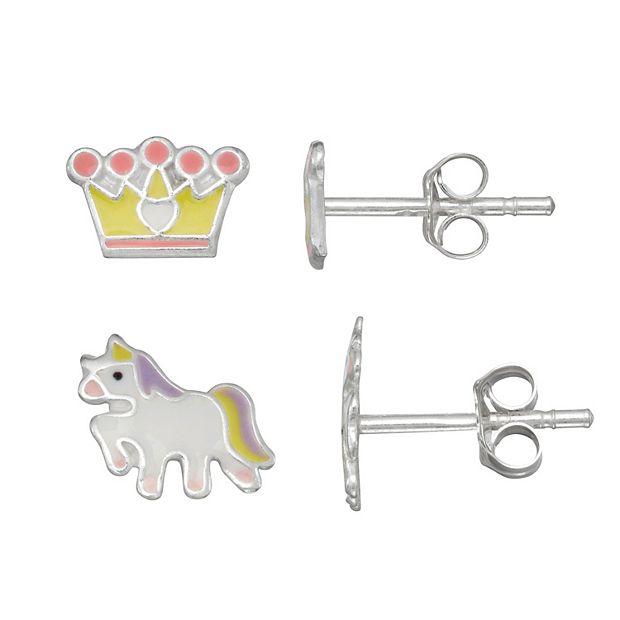 Charming Girl Sterling Silver Crown Unicorn Stud Earring Set