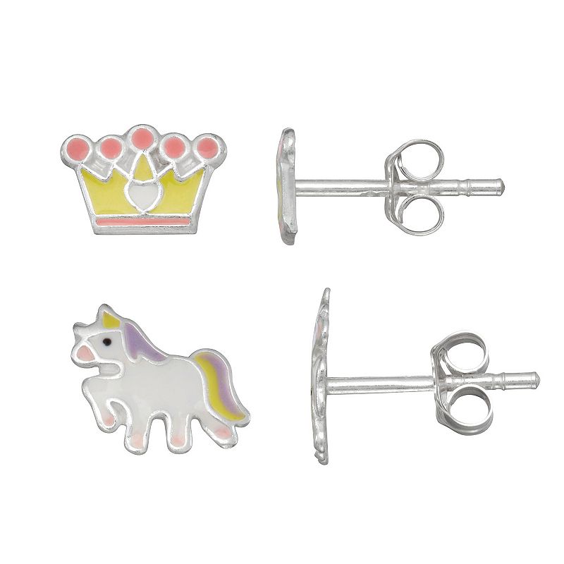 Charming Girl Sterling Silver Crown & Unicorn Stud Earring Set, Girls, Mul