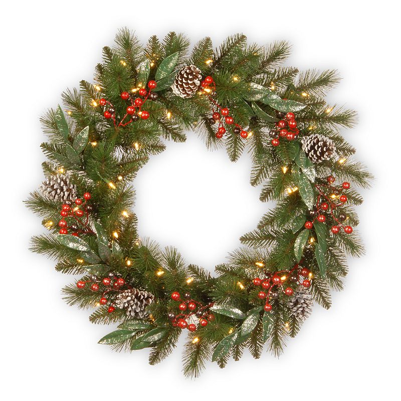 National Tree Company 30" Frosted Pine Berry Wreath With Pine Cones, Berries, Eucalyptus Leaves & 50 Battery-Operated Led Lights