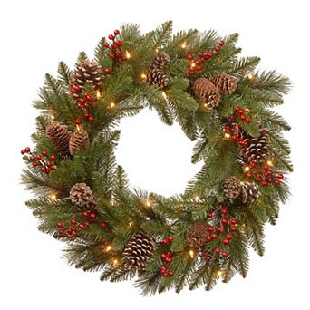 National Tree Co. 24 in Bristle Berry Wreath & Battery Operated LED Lights