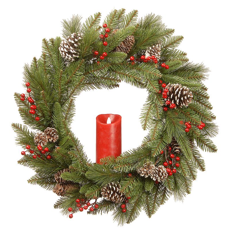 National Tree Co. 24-in. Bristle Berry Wreath & Single Candle, Green