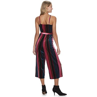 Juniors' Speechless Sash Belt Velvet Jumpsuit