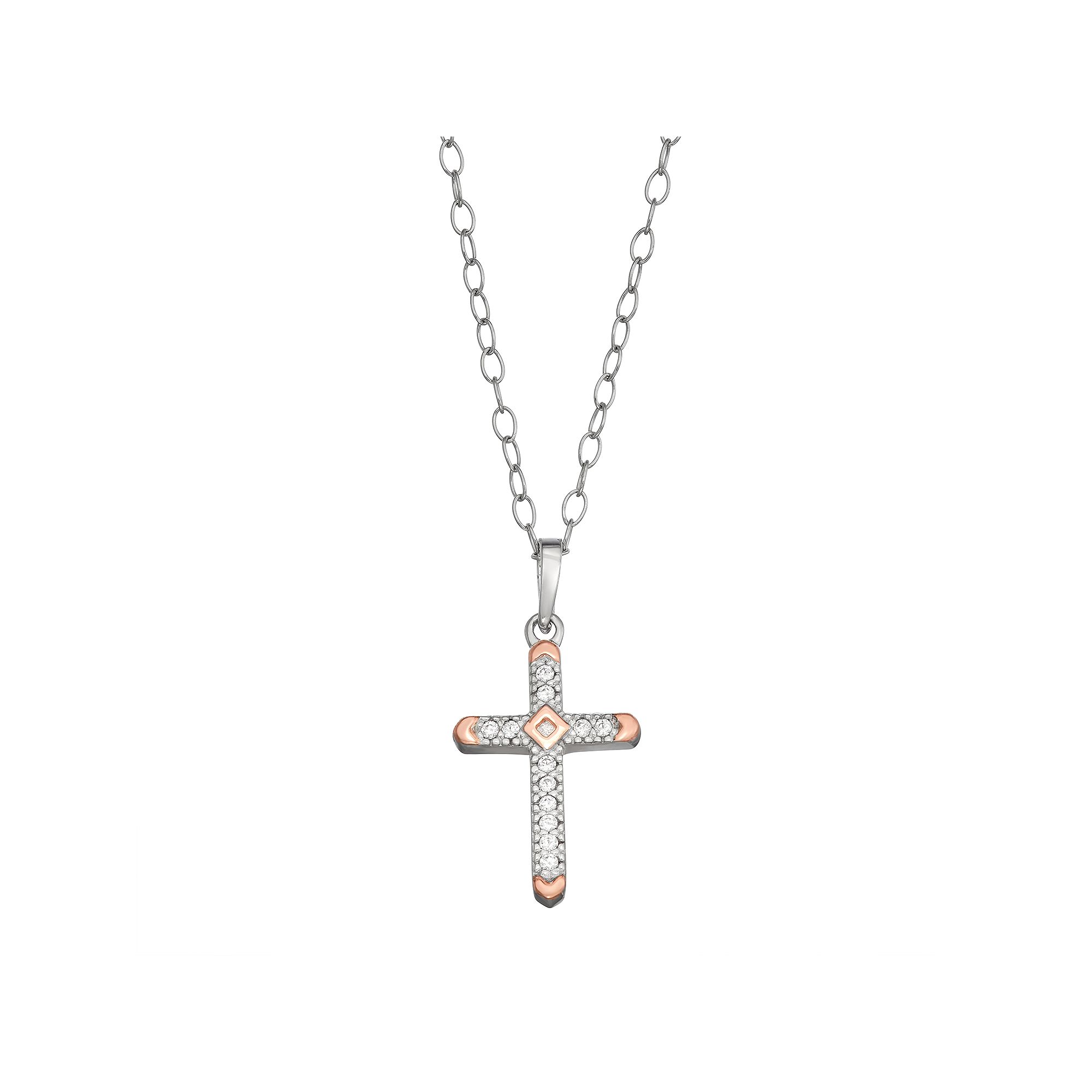 Charming Girl Kids Two-Tone Sterling Silver Crystal Cross Pendant Necklac
