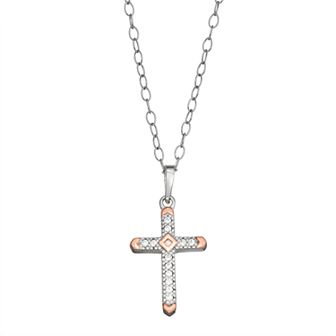 Charming Girl Kids' Two-Tone Sterling Silver Crystal Cross Pendant Necklace