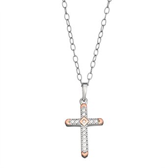 Charming Girl Kids' Two-Tone Sterling Silver Crystal Cross Pendant Necklace