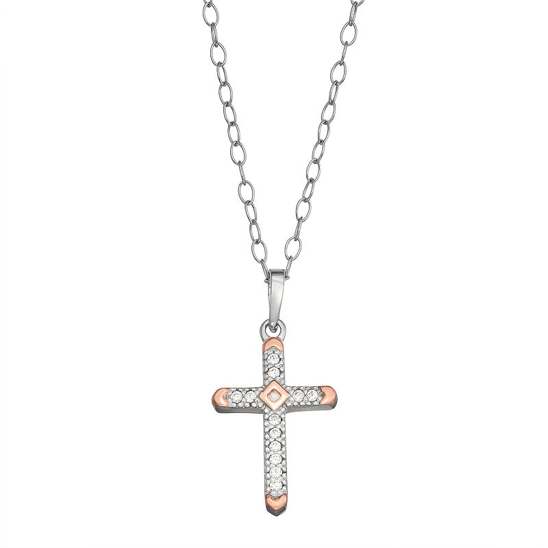 Charming Girl Two-Tone Sterling Silver Crystal Cross Pendant Necklace, Gir