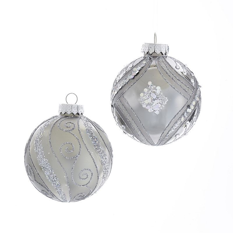 Kurt Adler Silver Glitter Ball Christmas Ornament 6-piece Set, Grey