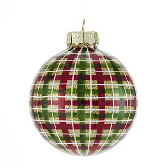 Kurt Adler 80MM Red and Green Plaid Glass Ball Ornaments, 6 pc Box