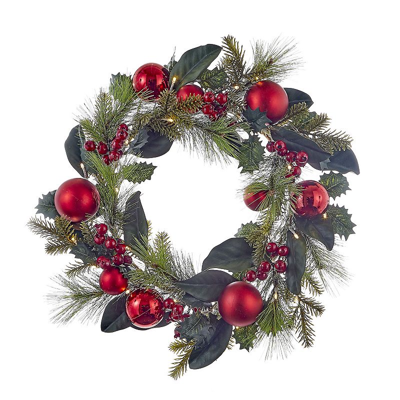 Kurt Adler 22-Inch Battery-Operated Red Berries and Balls LED Wreath, Green
