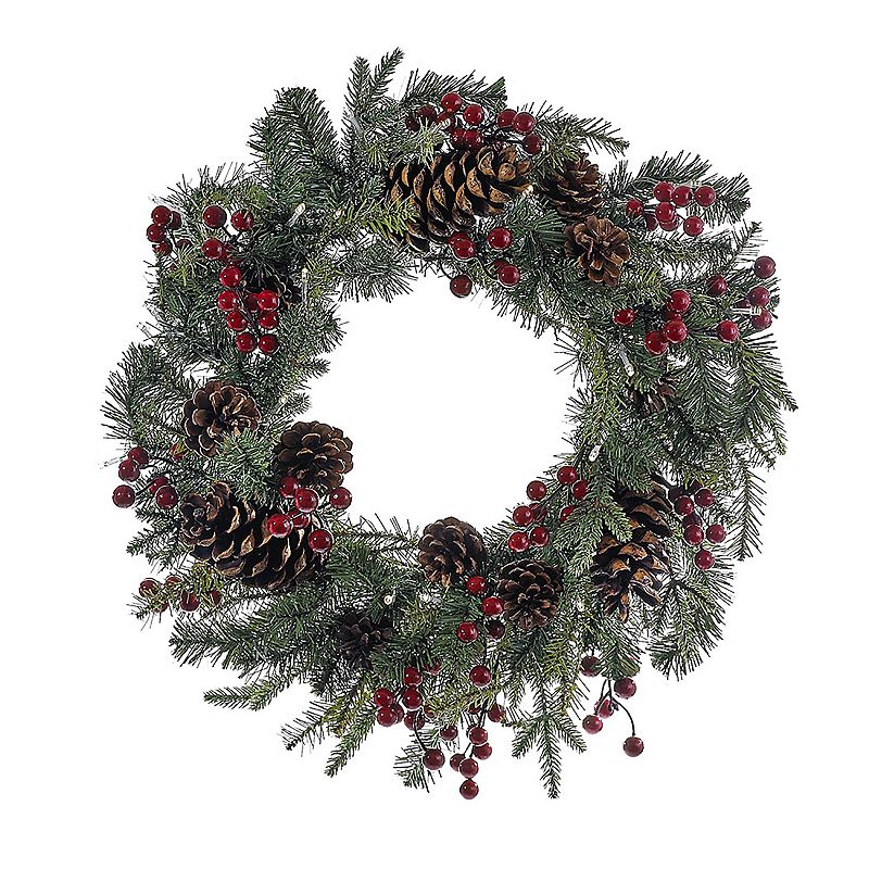 Kurt Adler 18 Battery-Operated Red Berry Pinecone LED Wreath, Green