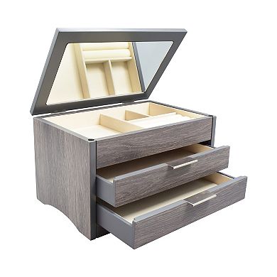 Distressed Gray Wooden 3-Drawer Lift Top Mirror Jewelry Box