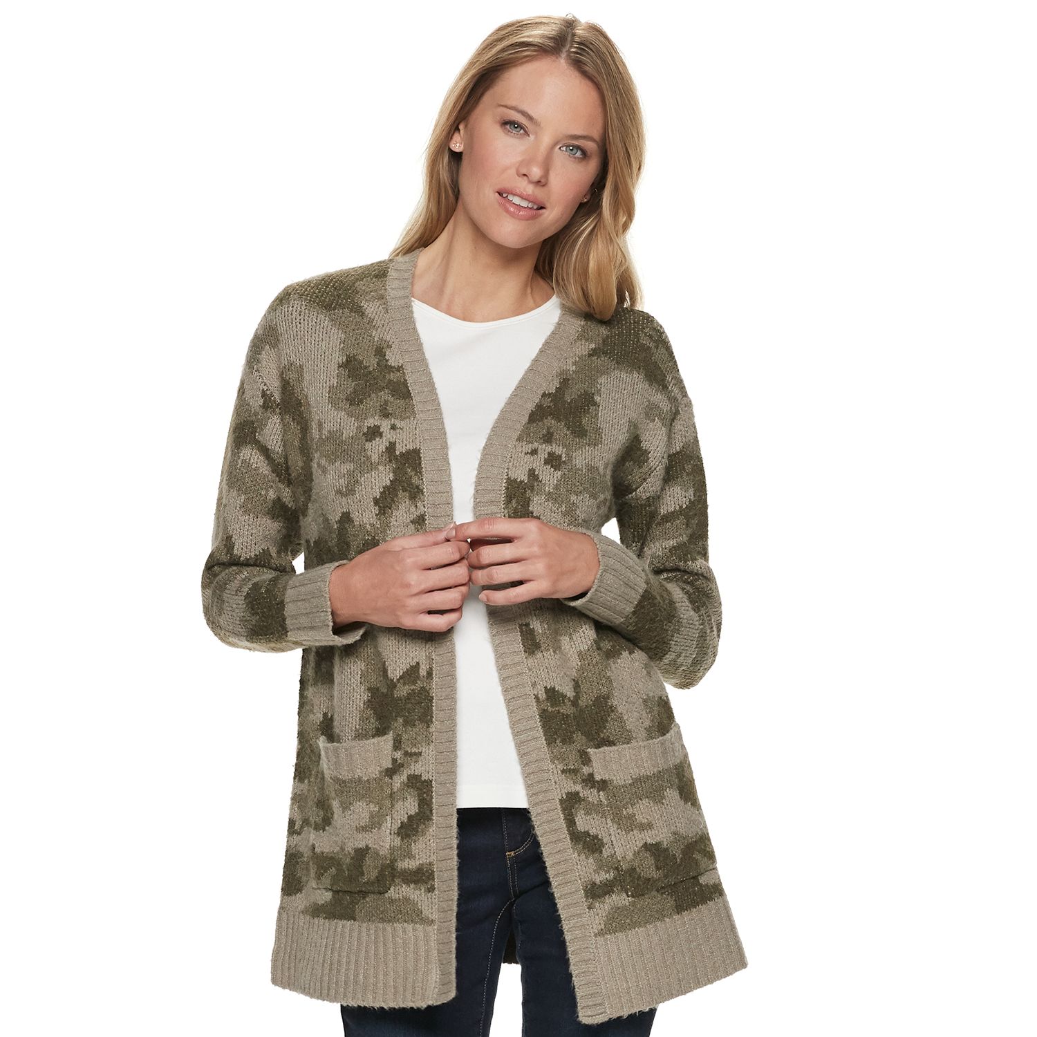 camo open front cardigan