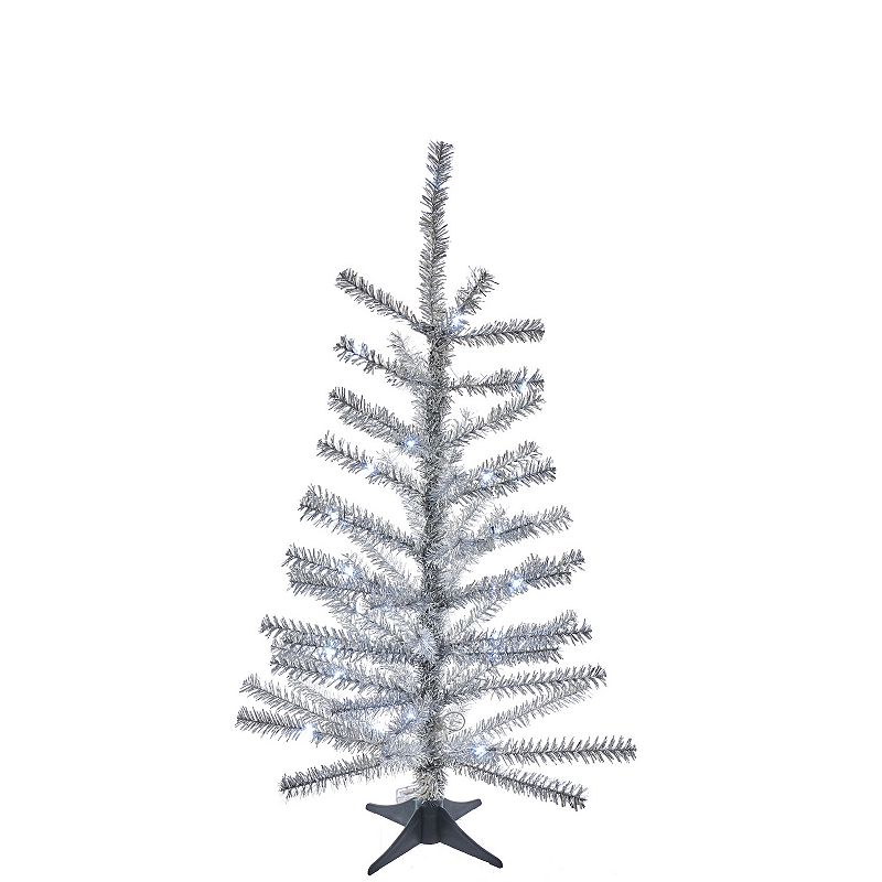 24-Inch Pre-Lit Silver Tinsel Tree, Grey