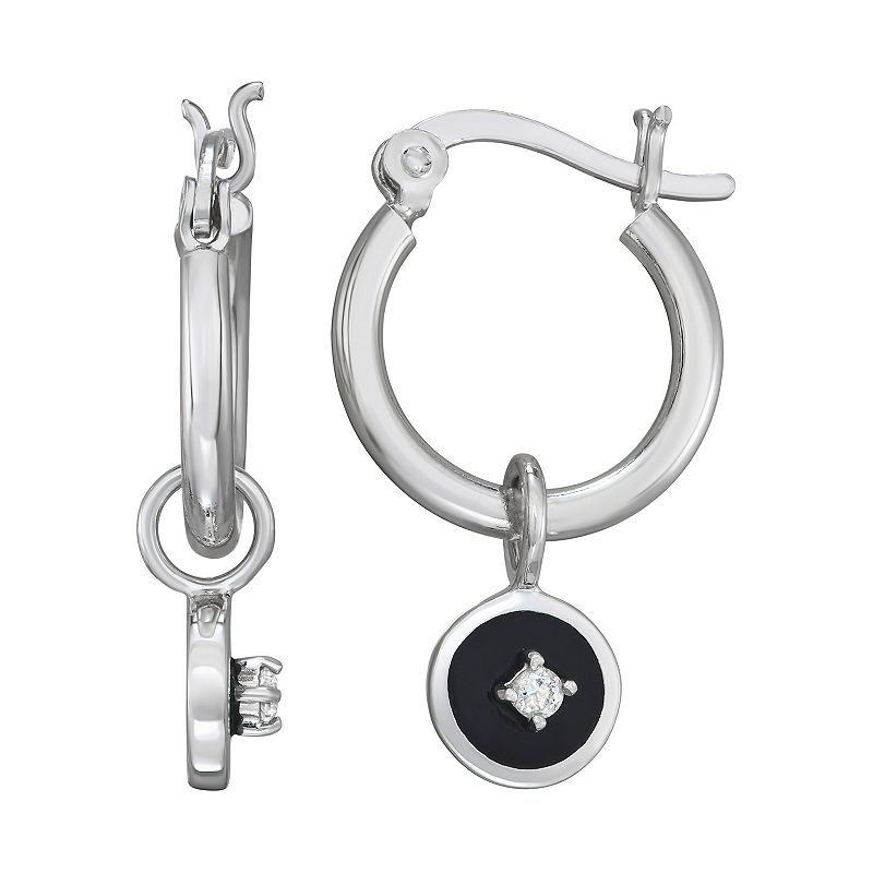 Harper Stone Silver Plated Round Black Agate Cubic Zirconia Hoop Earrings, 