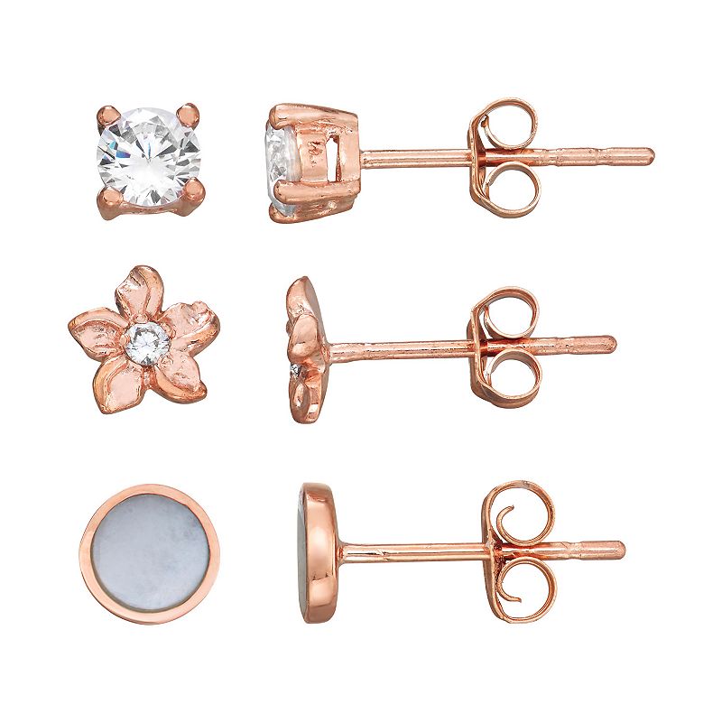 Harper Stone Rose Gold Plated Flower Cubic Zirconia Trio Earrings, Womens,
