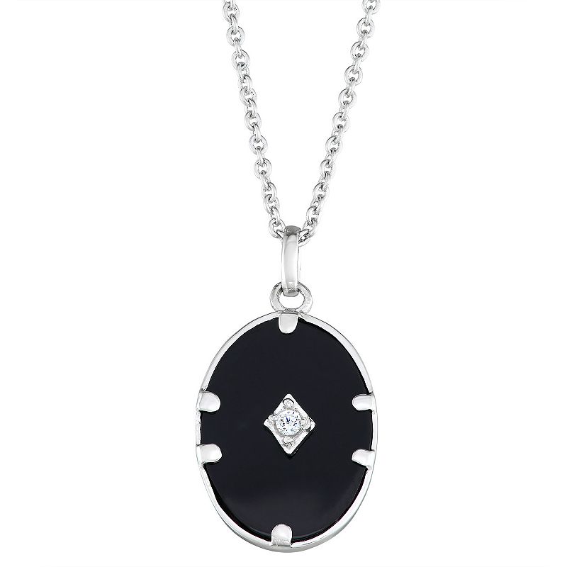 Harper Stone Silver Plated Black Oval Agate Cubic Zirconia Pendant, Women
