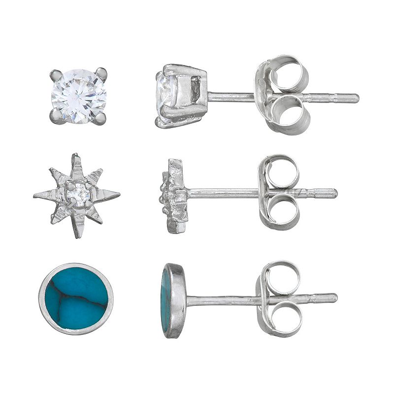 Harper Stone Silver Plated Star Turquiose Cubic Zirconia Trio Earring Set, 