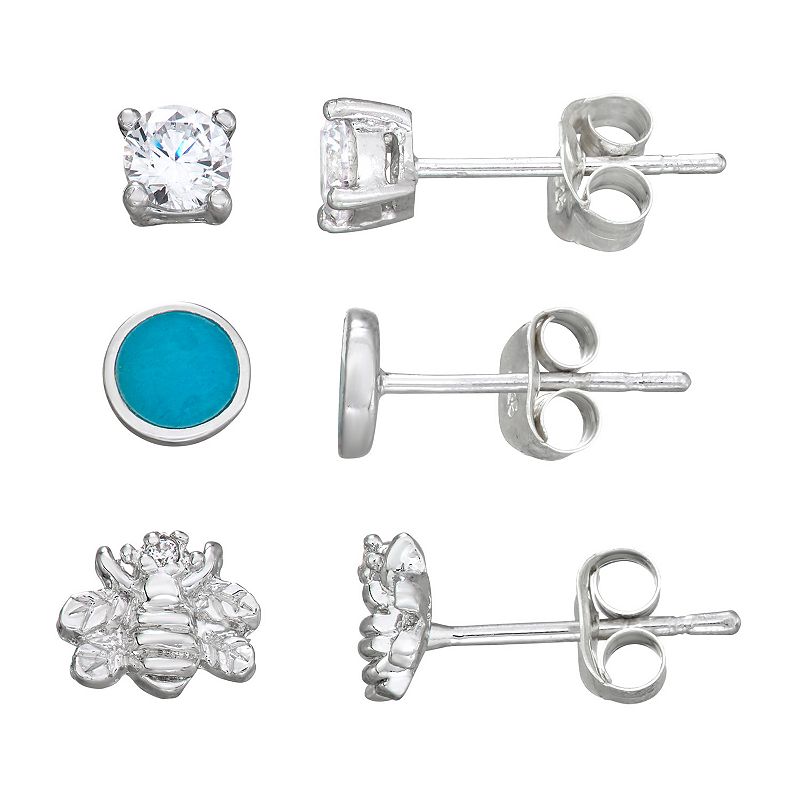 Harper Stone Silver Plated Bee/Turquoise/Cubic Zirconia Trio Earrings, Wome
