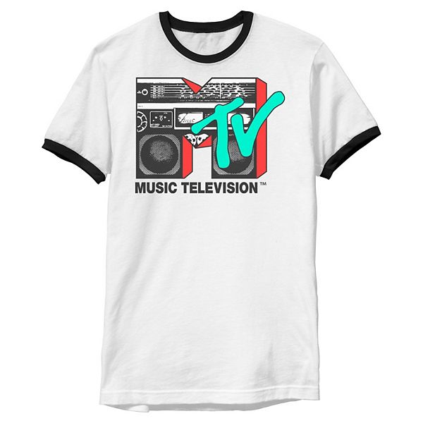 Men's MTV Logo 80's Style Black And White Boombox Ringer Graphic Tee