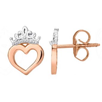 Disney 10k Rose Gold Two-Tone Tiara Heart Stud Earrings
