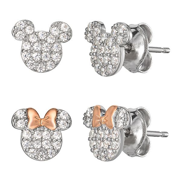 Disney Two Tone Mickey And Minnie Mouse Sterling Silver Pave Set