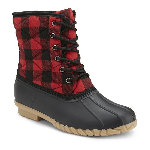red and black checkered duck boots