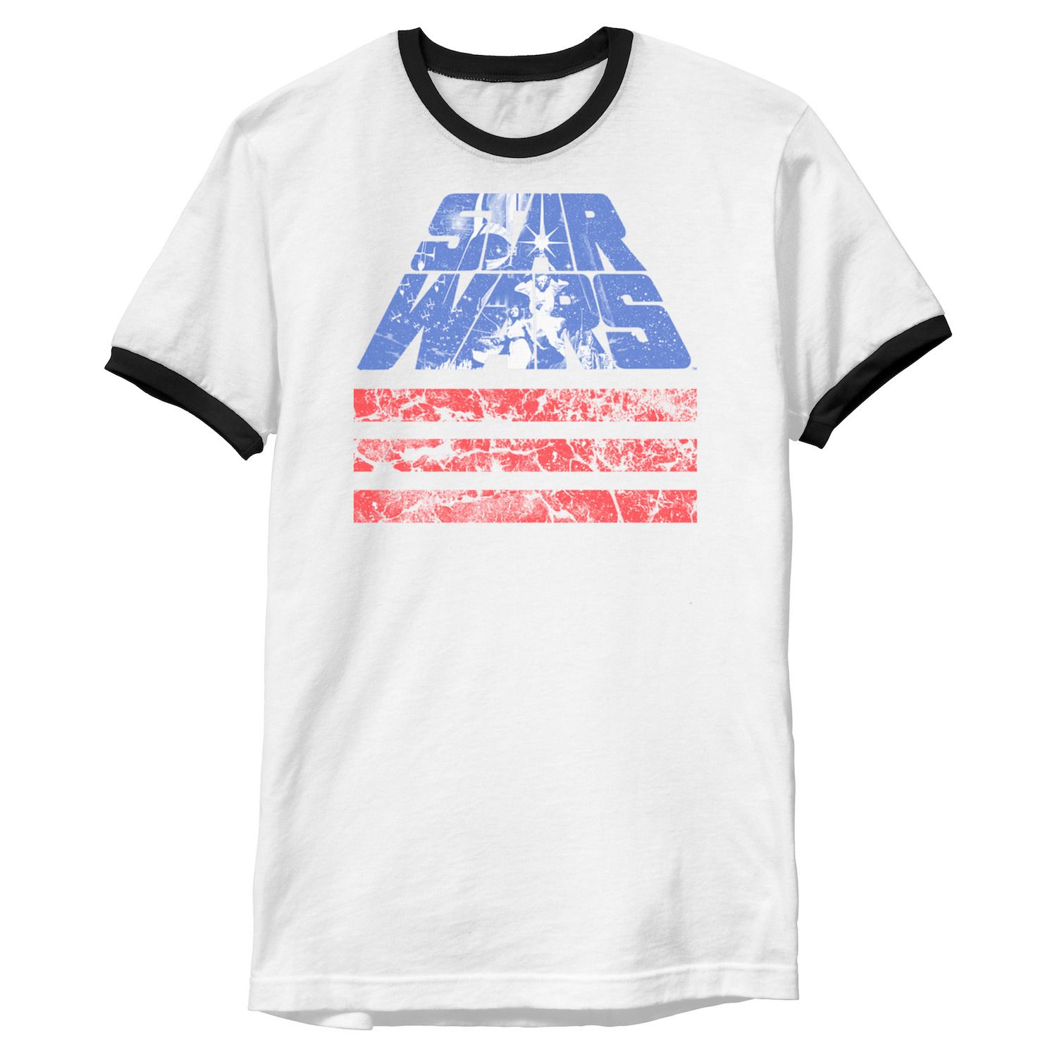 red white and blue graphic tee