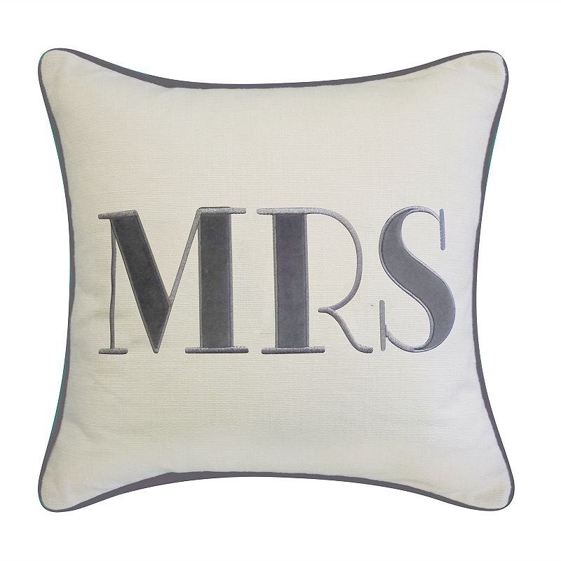 Edie@Home Celebrations Mrs Embroidered Applique Throw Pillow, Beig/Gre