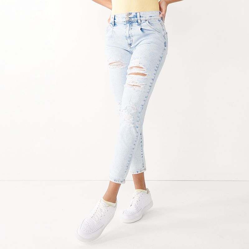 Juniors SO High Rise Distressed Mom Jean, Girls, Size: 0 LONG, Blue