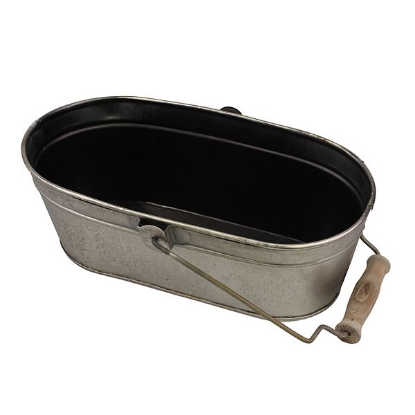 Small Oval Antique Silver Metal Bucket with Wooden Handle