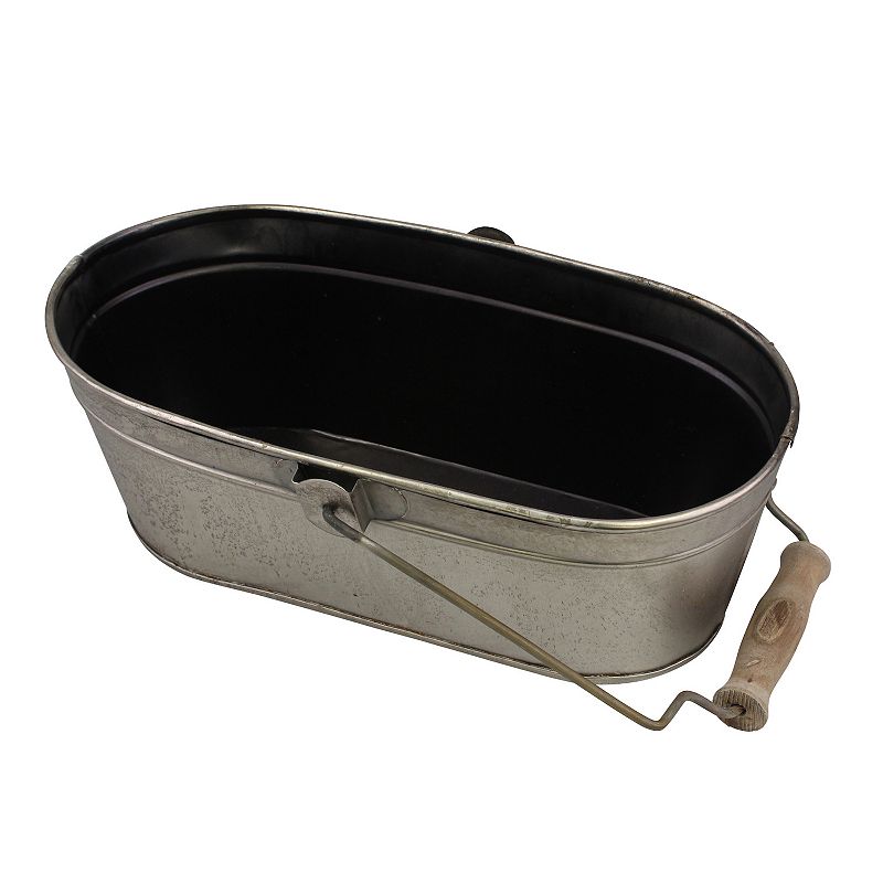 Small Oval Antique Silver Metal Bucket with Wooden Handle, Multicolor