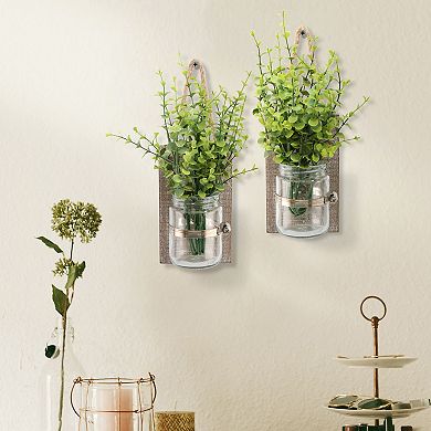 Rustic White Wash Wooden Mason Jar Wall Sconce Set with Hanging Loop