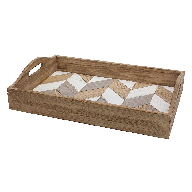 Rectangle Multicolor Chevron Wood Serving Tray with Handles, Brown