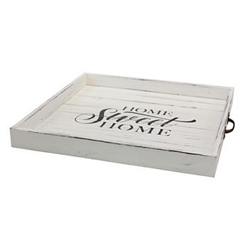 Square Worn White "Home Sweet Home" Wooden Serving Tray with Metal Handles