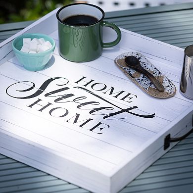 Square Worn White "Home Sweet Home" Wooden Serving Tray with Metal Handles